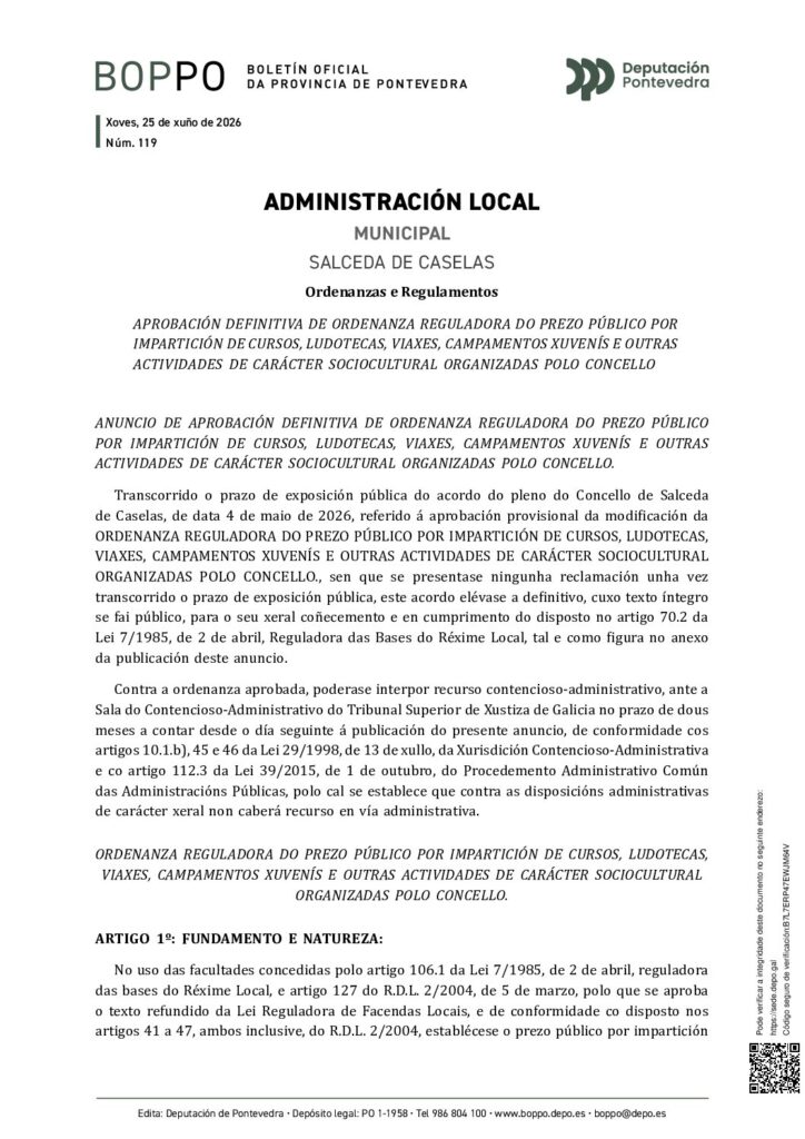 thumbnail of 2026.06.25 ORDENANZA REGULADORA DO PREZO PÚBLICO POR IMPARTICIÓN DE CURSOS, LUDOTECAS, VIAXES, CAMPAMENTOS XUVENÍS E OUTRAS ACTIVIDADES DE CARÁCTER SOCIOCULTURAL, ORGANIZADAS POLO CONCELLO